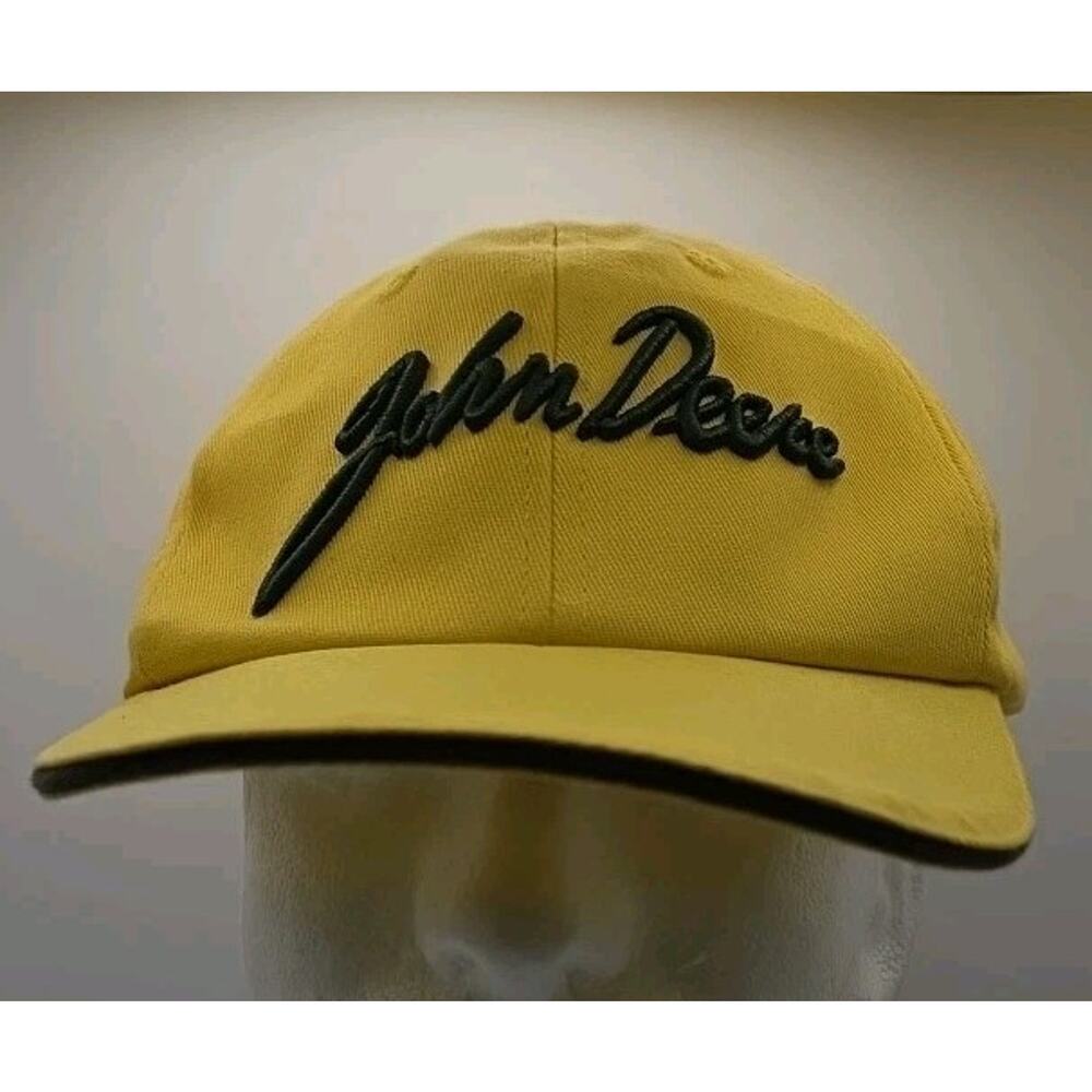 Vintage Genuine John Deere Yellow Script Spelled Out Strapback Hat Cap Tractor‎